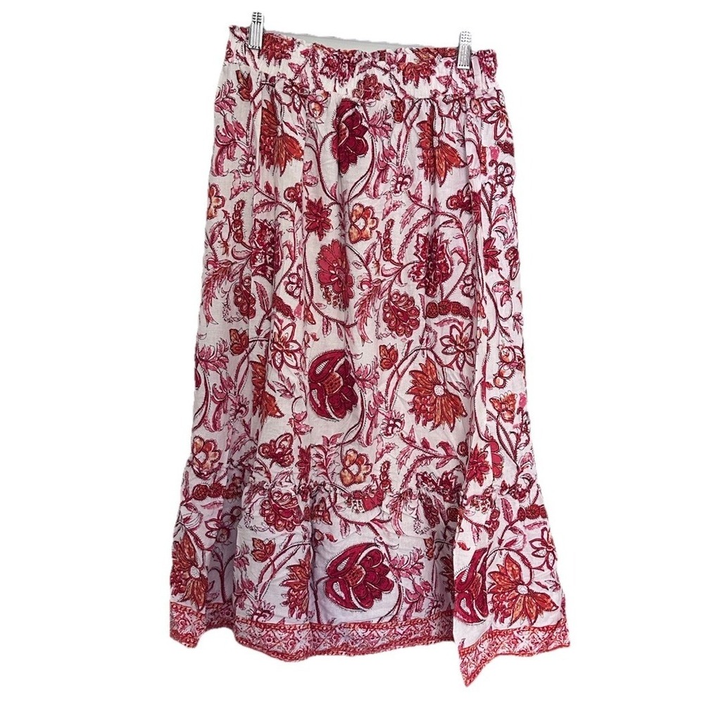 Boho Floral Midi Skirt Ivory Red Pink Print Elastic Waist Ruffle Hem Linen Blend
